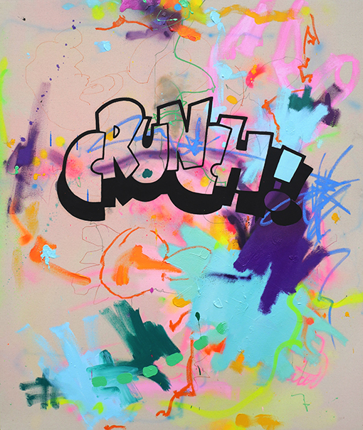 Crunch! 2021 120 x 100 cm Oil, acrylic, airbrush, oil bar, and pencil crayon on raw canvas