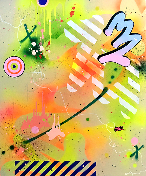 Go With The Flow 2020 120 x 100 cm Acrylic, spray paint and embroidered patch on canvas