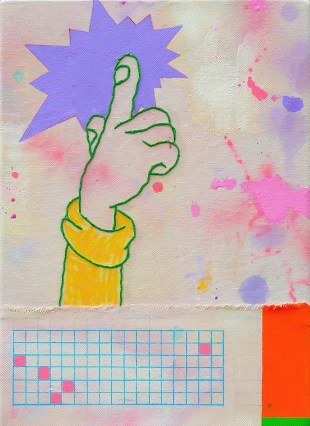 First Move 2023 35 x 25 cm Acrylic, airbrush and embroidery on raw canvas