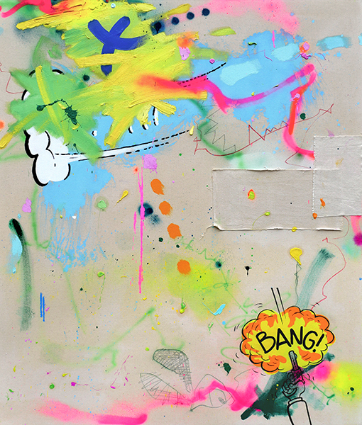 Hug Me 2022 120 x 100 cm  Oil, acrylic, airbrush, spray paint and pencil crayon on raw canvas