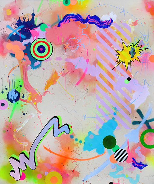 Funny Thing 2020 120 x 100 cm Acrylic, glitter additive, spray paint and pencil on canvas.