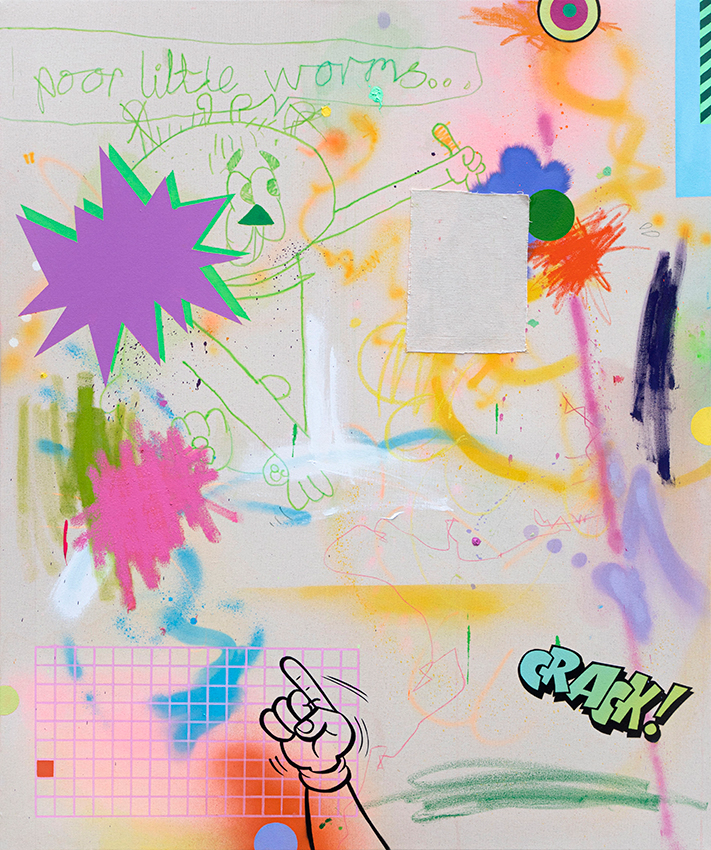Slam! 2022 120 x 100 cm Acrylic, spray paint, airbrush, oil pastel, pencil crayon and embroidered patch on raw canvas