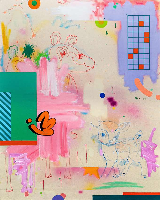 All Around 2023  100 x 80 cm Acrylic, oil, spray paint, airbrush and oil pastel on raw canvas